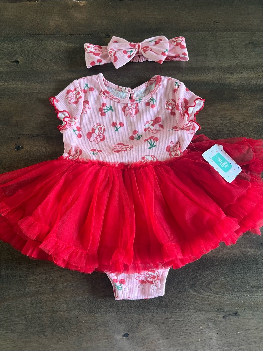 Disney Baby Minnie Mouse Cherry Tutu Bodysuit Dress + Headband 18M NWT
